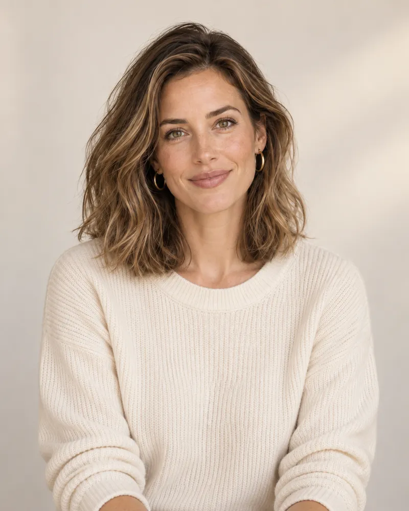 Porträt von Anna im cremefarbenen Strickpullover